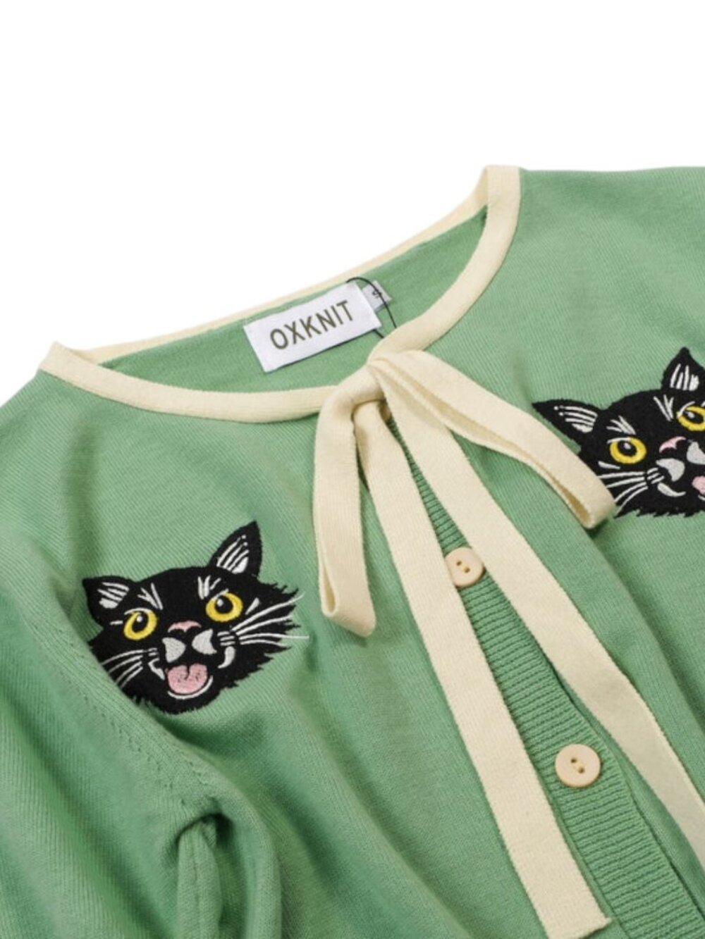 OXKNIT Women’s Mint Green Black Cat Bow Knit Cardigan Top M NWT - Picture 3 of 3